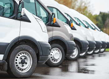 Several white commercial vans parked in a row in a parking lot